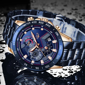 2020 Muški sat Vodootporan Od Nehrđajućeg čelika LIGE Najbolji brand Lux, Moderan Sportski Kronograf sat Kvarcni sat Crni muški sat