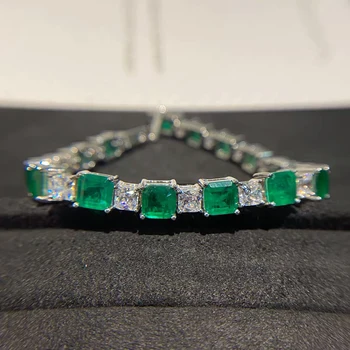 Modni 15-18 cm 925 Sterling Srebra Potpunu Sintezu Kolumbijski Smaragd Dijamant Narukvice za žene S925 Srebrna narukvica-lanac Večernji